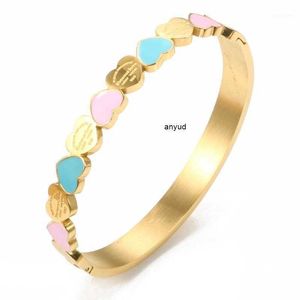 Gold Color Blue and Pink Enamel Forever Love Heart Charm Bangle bracelet for Women Girlfriend Promise Wedding Jewellry Gifts Bangle1OPX