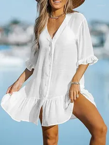 Roupa de banho feminina babados manga longa biquíni cobrir para mulher camisa vestido de praia túnica camisa 2024 verão mini beachwear