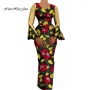 Etniska kläder Kvinnliga afrikanska kläder 2 stycken Set Shiny Flare ärmar V Neck Topps och långa blyerts kjolar för WY9972