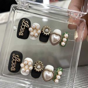 Unhas falsas artesanais curtas unhas falsas elegante pérola imprensa em unhas caixão dicas francesas reutilizáveis acrílico unhas falsas com cola manicure salão q240122