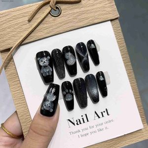 Накладные ногти Накладные ногти «Черный кот и медведь» со съемным дизайном ручной работы в магазине Emmabeauty. № 24415 Q240122