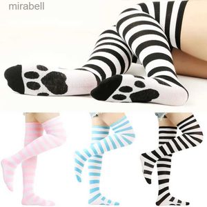 Calzini Calze Nuove donne Calzini alti alla coscia Harajuku Ragazze Cat Claw Stampa Calzini lunghi sopra i calzini al ginocchio Calzini a righe sexy Calze a compressione YQ240122