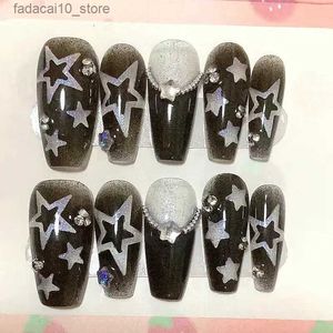 False Nails Handmade Shine Stars Y2K Press On Nails Glitter Rhinestone Fake Nail With Glue Reusable Short Coffin Stiletto False Nails Tips Q240122