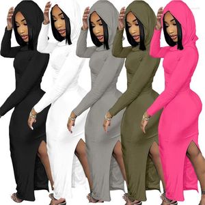 Casual Dresses Street Stylish Hooded Long Sleeve Elastic Slim Fit Back Split Sexig Pure Color Autumn Winter Maxi Bodycon Party Dress