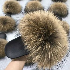 home shoes Real Fox Fur Slides Furry And Fluffy Fur Slippers Indoor House Women Flip Flops Beach Shoes Summer Woman Sandals Free Shipping YQ240122