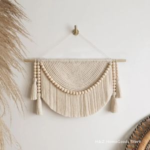 Macrame Wall wiszące gobelin z drewnianymi koralikami i frędzlami ręcznie robione tkane domowe biuro przedszkola dekoracje sypialni skojarzenie 240118