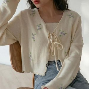 Women's Knits Spring Cardigan V Neck Lace-up Korean Fashion Two Piece Sets Camis Solid Women Y2k Short Length Floral Mori Girl Style Crop