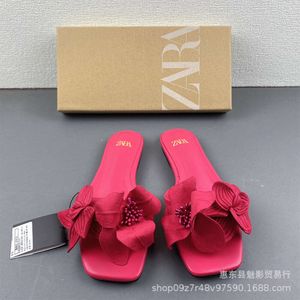 ZA 2023 Summer New Women's Shoes Rose Red Flower Decorative Flat Sandals Outwear Fashion Versatile Slippers for Women