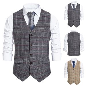 Mens Suit Vest Plaid Single Breasted Blended Waistcoat Jacket Slim Fit Casual Formal Business Gilet Homme 240119