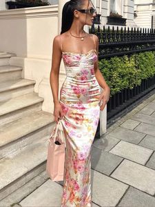 Suninhart Summer Spaghetti Shoulder Strap Flower Print Party Dress Elegant Maxi Bodycon Wedding Guests Holiday Dress New Print 2023 240122