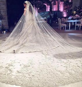 Véus de casamento de luxo com apliques de renda longo comprimento catedral véus de noiva uma camada feita sob encomenda tule véu de noiva com pente7798719
