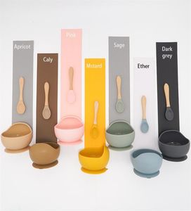 Cores Conjunto de Alimentação de Silicone de Grau Alimentar Tigela de Bebê Nonsilp Colher de Sucção Crianças Louça Um Talheres Dropship 2109096098830