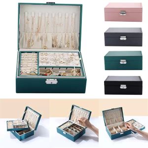 Double-Layer High Capacity LeatherJewelry Box Travel Jewelry Organizer Multifunction Necklace Earring Ring Storage Jewelry Box Y1214