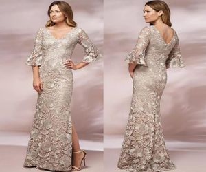 Champagne Mermaid Lace Mother Of The Bride Dresses V Neck Long Sleeves Evening Gowns Floor Length Plus Size Side Split Wedding Gue4664634