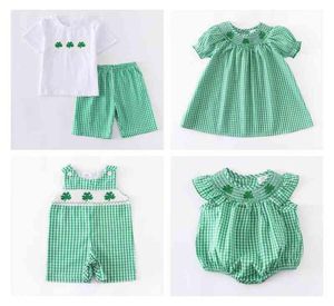 Girlymax St Patrick039s Günü Kardeş Ekose Yonca Kız Kız Elbise Erkek Şort Set Üst Ruffles Romper Smocked Dokuma Çocuklar Clothi8414282