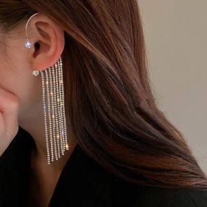 Luxury 14k Guldörhängen för kvinnor 2024 Shiny Crystal Rhinestone Long Tassel Ear Cuff Clip Earrings Party Wedding Jewelry No Pierced