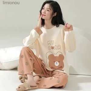 Women's Sleep Lounge Women's 2024 Spring Autumn New Cartoon Pyjamas Tvådel koreanska söta lösa pijamas hemkläder kostym kvinnlig casual nightie setl240122