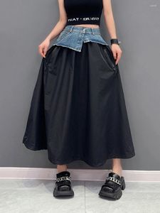 Keychains High Elastic midja Green Denim Oregelbundet Casual A-Line Half-Body kjol Kvinnor Fashion Tide Spring Autumn 2024