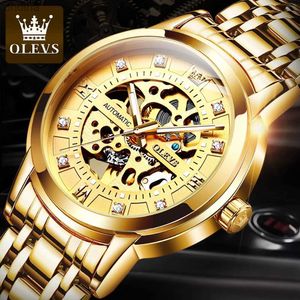 Outros Olevs Mens Esqueleto de Ouro Automático Mecânico Auto Enrolamento Vestido de Luxo Aço Inoxidável À Prova D 'Água Pulso Luminoso YQ240122