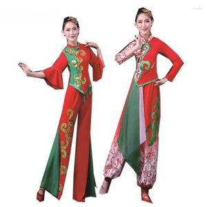 Palco desgaste traje de dança folclórica chinesa nacional longo vestido calça conjunto adultos yangko tambor desempenho mostrar design de corte de papel vermelho