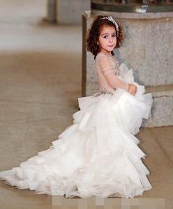 High Low Illusion Long Sleeves Girls Pageant Dresses Jewel Beading Sequins Layered Tulle Flower Girls Dress Children Lovely Kids P9657473