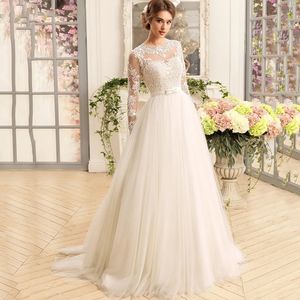 Oszałamiający Brydek 2024 Illusion Lace Back Suknie ślubne Vintage O-Neck Plus Size Aplikacje Mariage Suknie dla kobiet dla kobiet wykonane na zamówienie