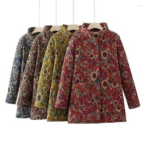 Women's Trench Coats Plush Thickened Cotton Coat Middle-Aged And Elderly Mothers Winter Medium Length Sunflower Printed Oversized Warm