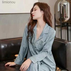 Women's Sleep Lounge Women 2 Piece Pyjama Set Leopard Pijama Faux Silk Satin Lapel Pajama Kvinnliga Sleepwear Longsleeve Shirt Pants Homewear LoungeWearl240122