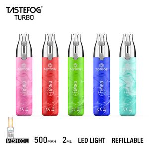 Original Tastefog Turbo Caneta Vape Descartável Vazia Com 10ml E-líquido 800 Puff Vapes Pod 2ml Recarregado Pod 500mAh Bateria Recarregável 5 Cores 12 Sabores Venda Quente