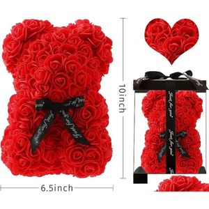 Ghirlande di fiori decorativi Orsi di rose Regali di decorazioni per San Valentino Fiore Orso Teddy con scatola per fidanzata Anniversario Compleanno Gi Dhqg6