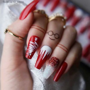 Unhas postiças Christmasnails pintura floco de neve árvore de Natal Ombre glitter diamante fasle unhas caixão vermelho unhas falsas presentes para namoradas Q240122