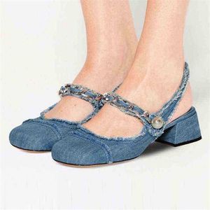 Denim Square Toe Sandal for Women Spring Summer Pearl Decoration Jeans Fabric Mid Heel Kvinnliga Casual Shoes 220711