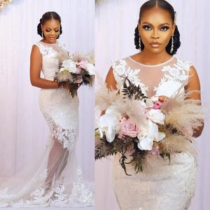 Aso Plus Size Ebi Wedding Mermaid Sheer Neck Illusion See Through Bridal Gowns for African Arabic Black Bride Lace Tulle Dresses