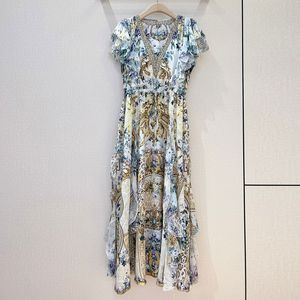 Australian designer dress, floral dress, printed V-neck, high waist, long short sleeved mulberry silk dress