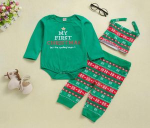 Newest Baby Clothes New Year Christmas Clothes Sets Romper TopsPantsHats 3Pcs Sets Outfits Fashion Christmas Element Printed Kid3697172