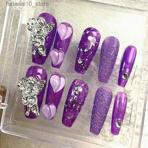 Unhas falsas artesanais glitter roxo unhas falsas dicas com design de anjo imprensa em unhas y2k caixão longo acrílico unhas falsas com cola manicure q240122