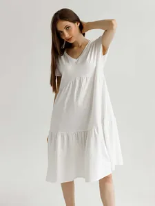 Mulheres Sleepwear Marthaqiqi Branco Verão Femme Nightgown Sexy V-Neck Manga Curta Nightwear Joelho-Comprimento Vestido Casual Mulheres Casa Roupas