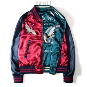 Estilo japonês impressão designer bombardeiro jaquetas mens novos tecidos de cetim gola varsity casaco jaqueta ambos os lados wearable jaqueta de beisebol 9jmf