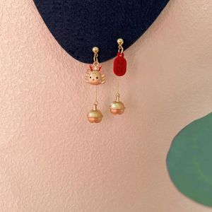 Dangle Earrings Chinese Style Cartoon Dragon Small Bell Metal For Women Girl 2024 Red Color The Year Of Delicate