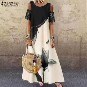 Women's Blouses Shirts ZANZEA Women Summer Elegant Flower Maxi Long Dress Bohemian Off Shoulder Beach Vestidos Short Sleeve Lace Patchwork Sundress YQ240120