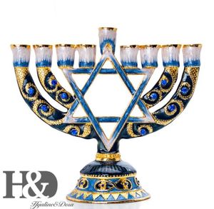 HD Hanukkah handmålade emaljljushållare Chanukah Menorah Temple Hexagonal Star of David Candlesticks 9 Branch Home Party Y26041031