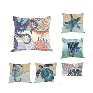 Cushion/Decorative Pillow 10Style Cushion Ers Blue Ocean Er Turtle Seahorse Whale Linen Pillowcase Home Decorate Whole Customization Dhuk0