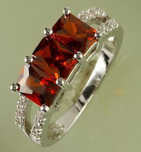 A00969 Red Emerald Cut Garnet White Topaz Gemstone 18K Platinum Plated Ring Size 9 Ship7247615