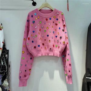 Frauenpullover High Fashion Mehrfarbige Strass Perlen Gestrickte Frauen Rosa Pullover 2024 Herbst Winter Langarm Dünne Kurze Pullover