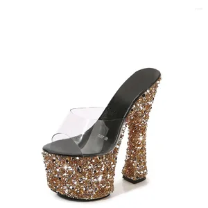 Slippare vattentäta kvinnor sexiga nattklubbar höga klackar 14/18 cm bilmodell glider lady rhinestones runway stålrör skor EU 34-43