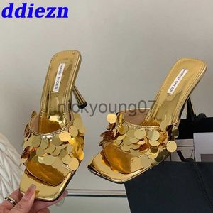 Sandals New In Ladies Pumps Thin Heels Shoes 2023 Designer Fashion Shallow Bling Female High Heels Slides Sandals Shoes For WomenJ240122