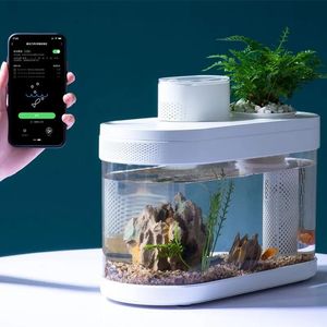 Tanks Geometry Aquarium Kit Smart Fish Tank med LED -ljusfiltreringssystem Tyst vattenpump liten växtdekor för betta fisk