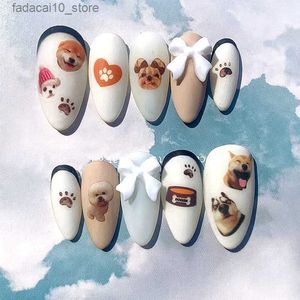 Unhas falsas adorável design de cachorro feito à mão unhas falsas pressione no caixão de unhas amêndoa fosca unhas falsas com cola personalizada reutilizável dicas de unhas arte q240122