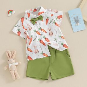 Set di abbigliamento Abiti estivi per neonati Abiti pasquali Stampa Camicia a maniche corte con bottoni Pantaloncini con bretelle Abiti da neonato per gentiluomo