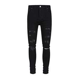 Men's Jeans patchwork leather jeans men's black ripped pants American high street pants men's slim fit long pants SLP